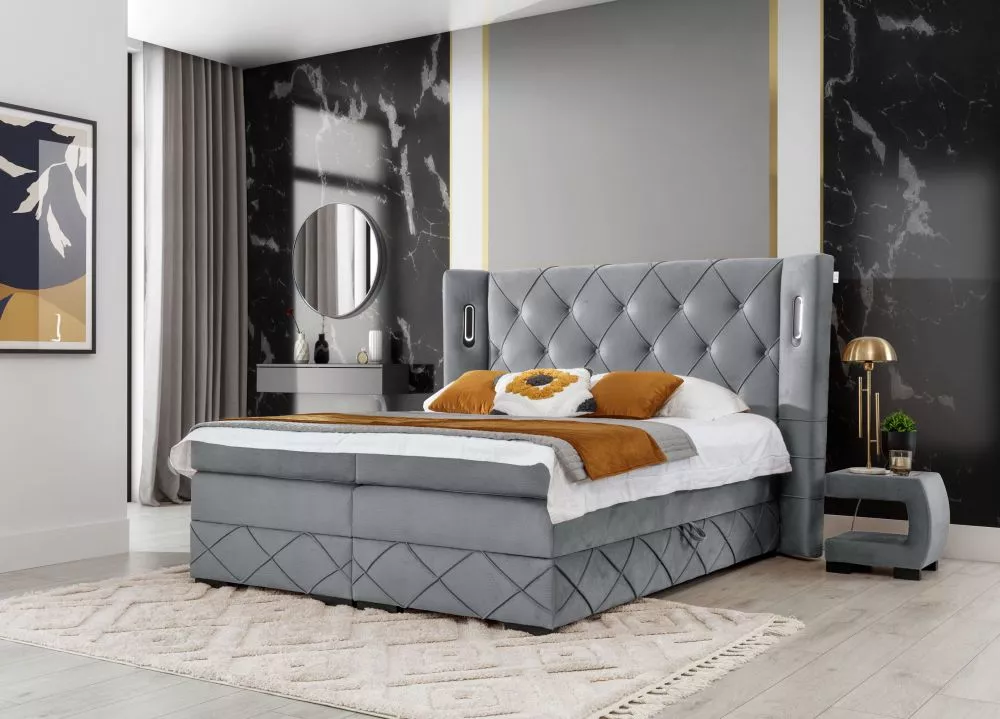 Gulta Focus Lux Boxspring Standard ar LED Guļamvietas platums: 160 cm, Guļamvietas garums: 200 cm, · Pelēks · 208 × 212 