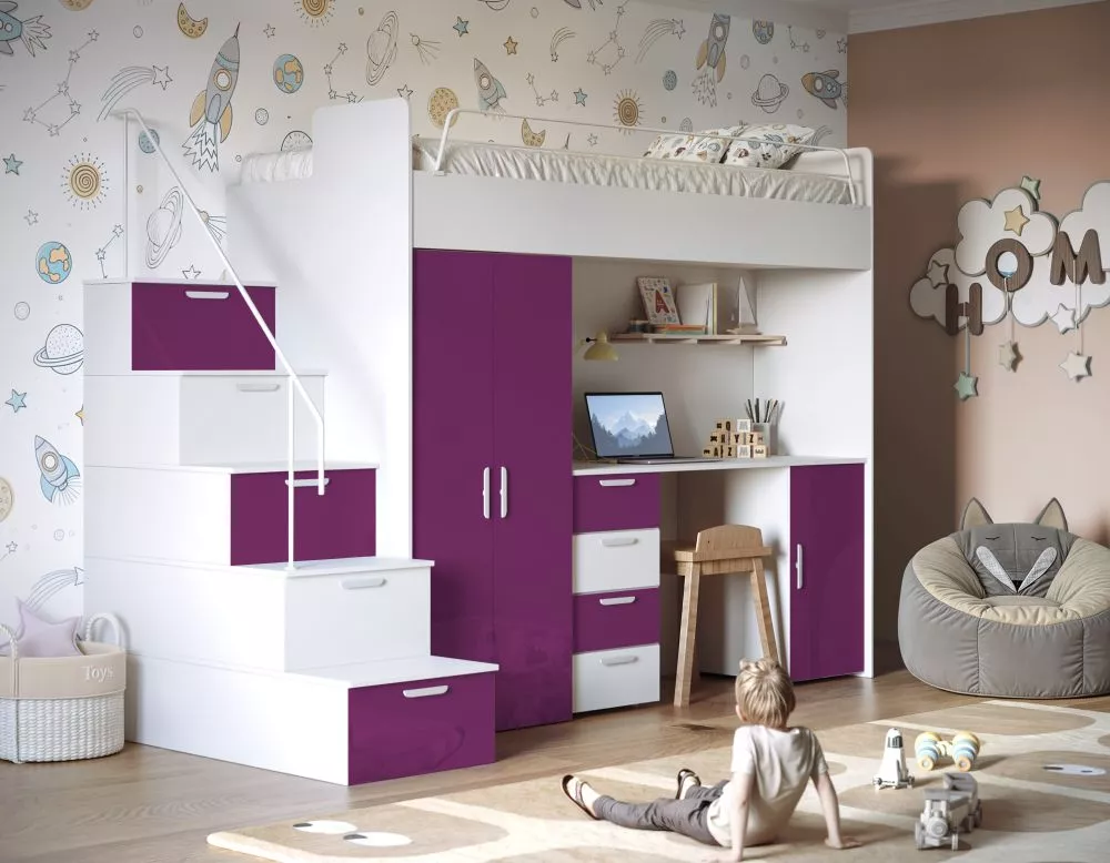 Bērnu gulta Raj 4 Gloss ar stelāžu Guļamvietas platums: 80 cm, Guļamvietas garums: 200 cm, · 120 × 254 × 180 cm