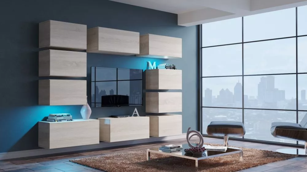 Sekcija Next 62 ar LED · Sonoma · 256 × 35 × 208 cm
