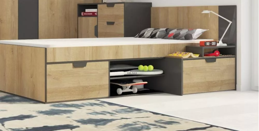 Gulta Nano 13 ar stelāžu Guļamvietas platums: 90 cm, Guļamvietas garums: 200 cm, · Grafīts + ozols riviera · 114 × 203 ×
