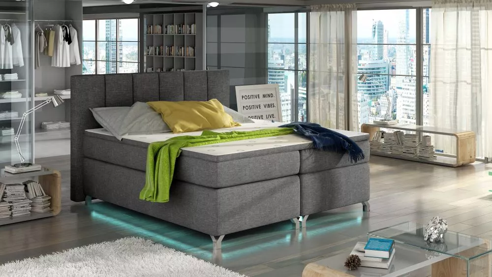 Gulta Basilio Boxspring ar LED standard Guļamvietas platums: 140 cm, Guļamvietas garums: 200 cm, · Tumši pelēks · 155 × 