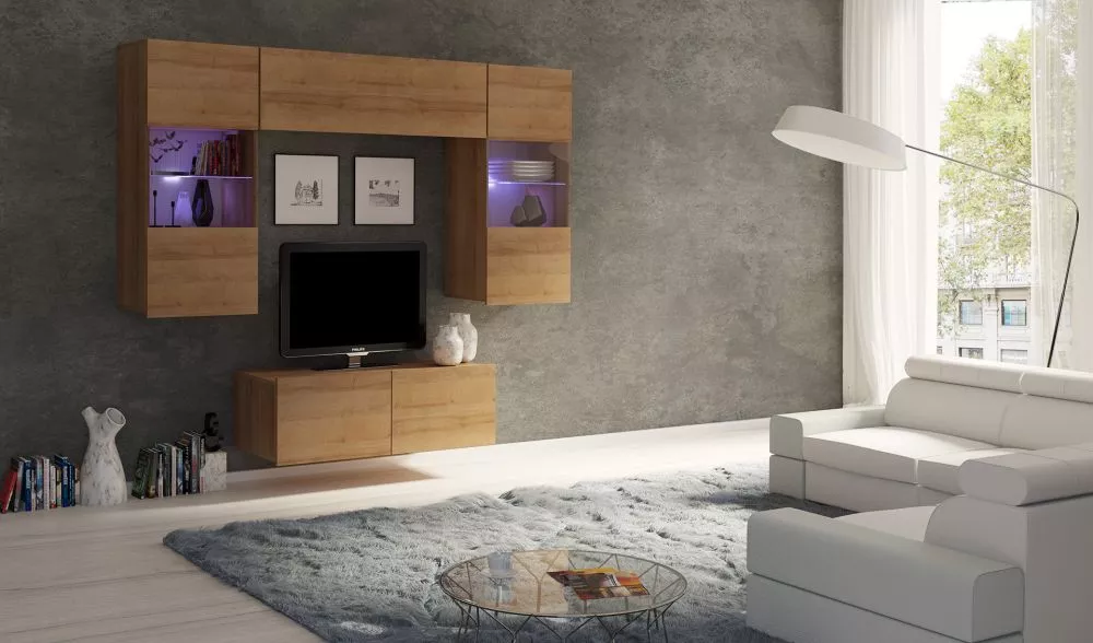 Sekcija Calabrini 10 ar LED · Zelta ozols · 195 × 43 cm