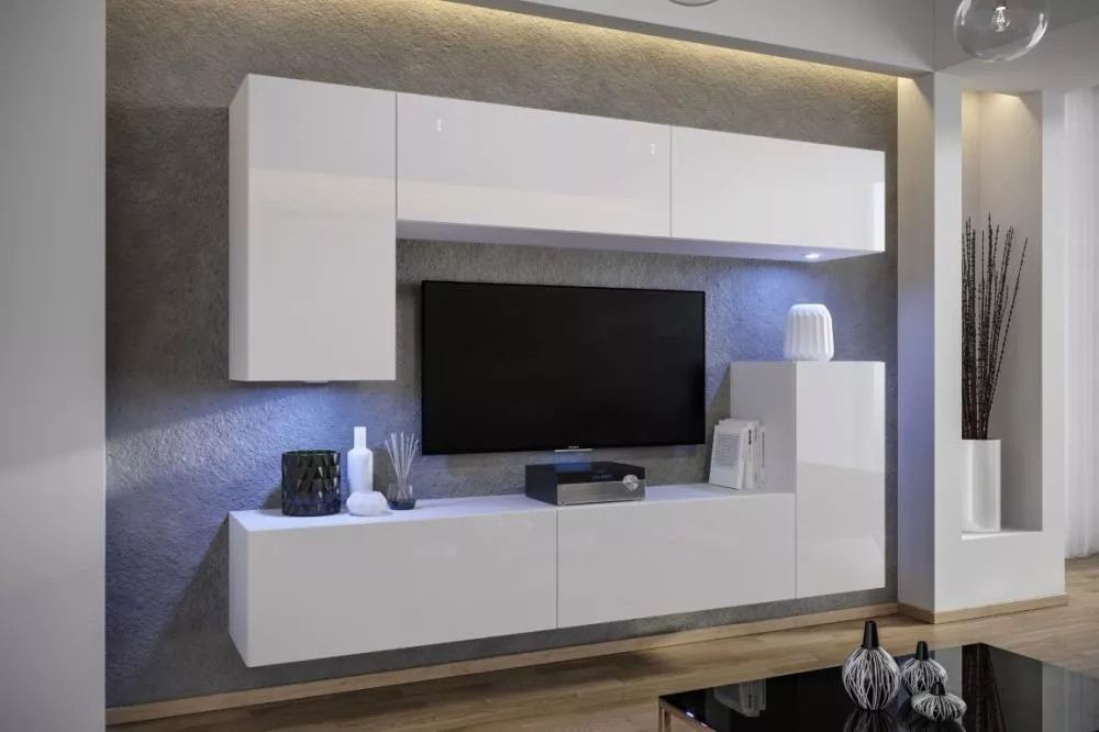 Sekcija Next 57 gloss ar LED · Balts · 219 × 35 × 180 cm