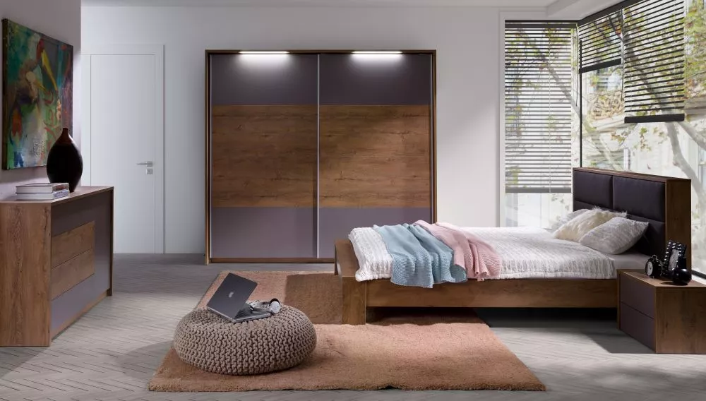 Gulta Latika Soft 160x200 ar stelāžu Guļamvietas platums: 160 cm, Korpusa krāsa: ozols burgund + pelēks, Guļamvietas gar