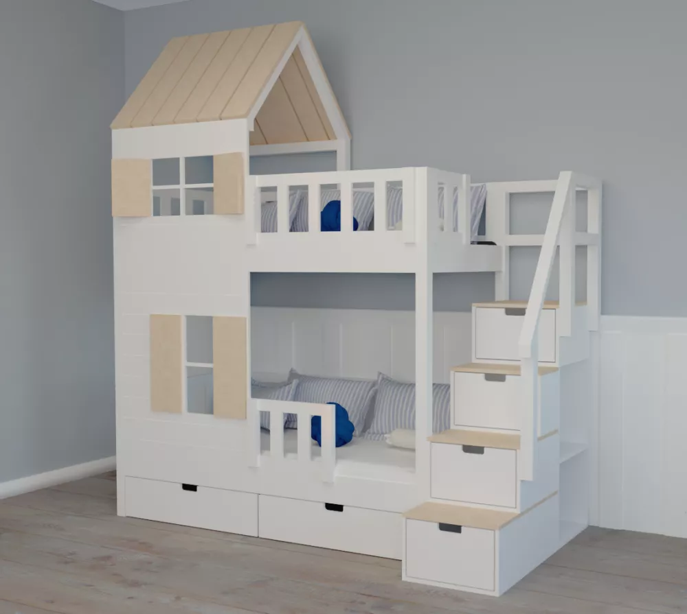 Bērnu gulta 103P ar stelāžām Kāpņu puse: Pa labi, Guļamvietas platums: 80 cm, Guļamvietas garums: 160 cm, · 112 × 212 × 