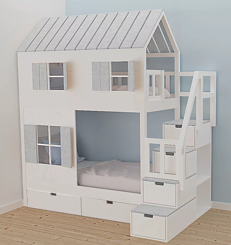 Bērnu gulta 102P ar stelāžām Kāpņu puse: Pa labi, Guļamvietas platums: 80 cm, Guļamvietas garums: 160 cm, · 112 × 207 × 