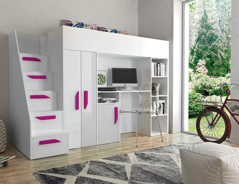 Bērnu gulta Party 14S ar stelāžu Guļamvietas platums: 90 cm, Guļamvietas garums: 200 cm, · 120 × 247 × 165 cm