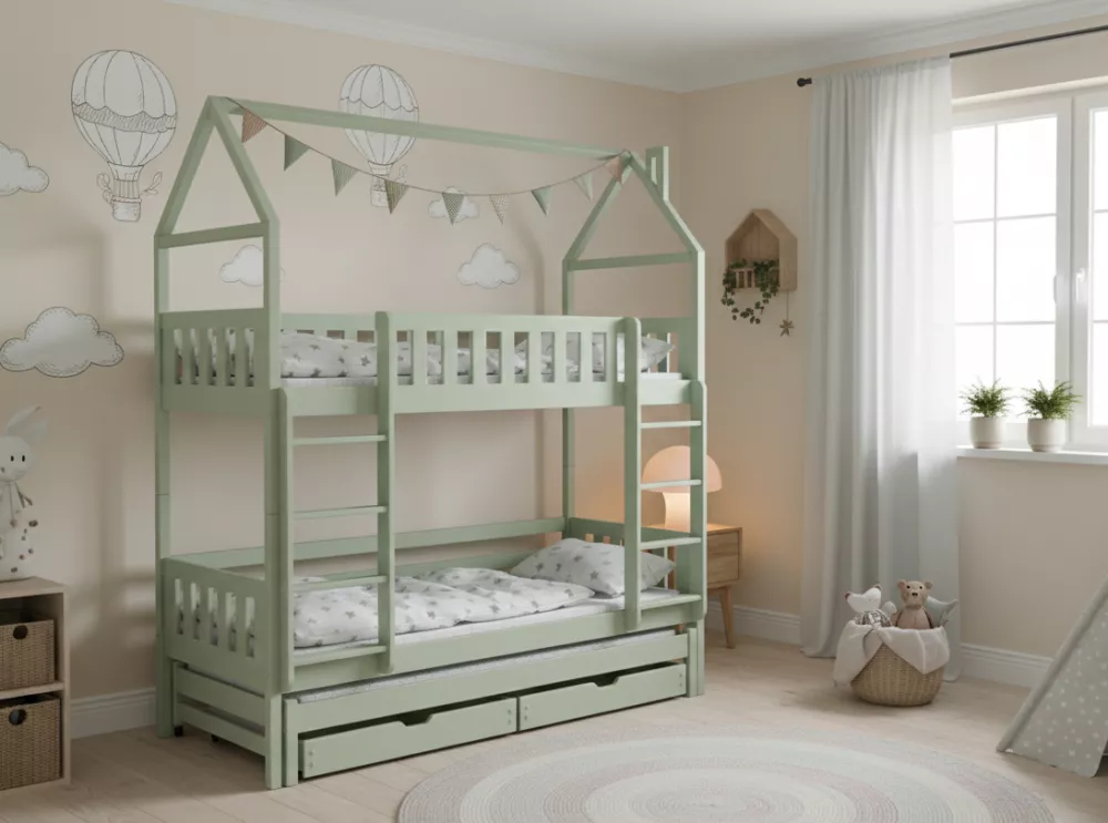 Bērnu gulta Iga ar stelāžām Guļamvietas platums: 80 cm, Guļamvietas garums: 200 cm, · Olīvu · 87 × 208 × 217 cm