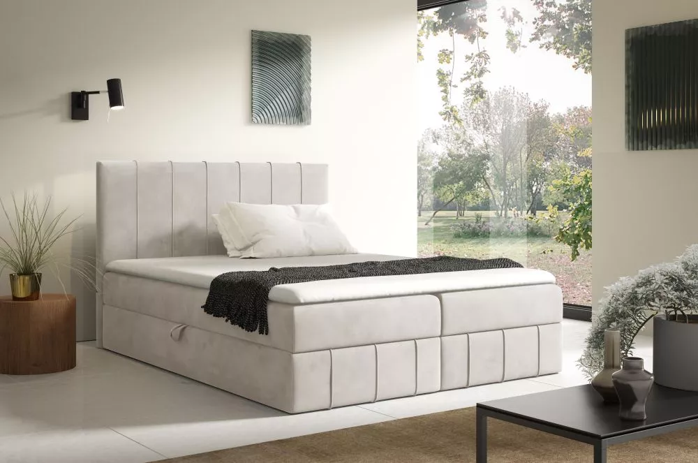 Gulta John Boxspring Standard Guļamvietas platums: 160 cm, Guļamvietas garums: 200 cm, · Bēšs · 164 × 208 × 103 cm
