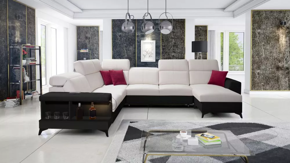 Dīvāns Belutti 8 Satin Black Standard ar LED · Krēma + melns · 288 × 362 × 84 cm