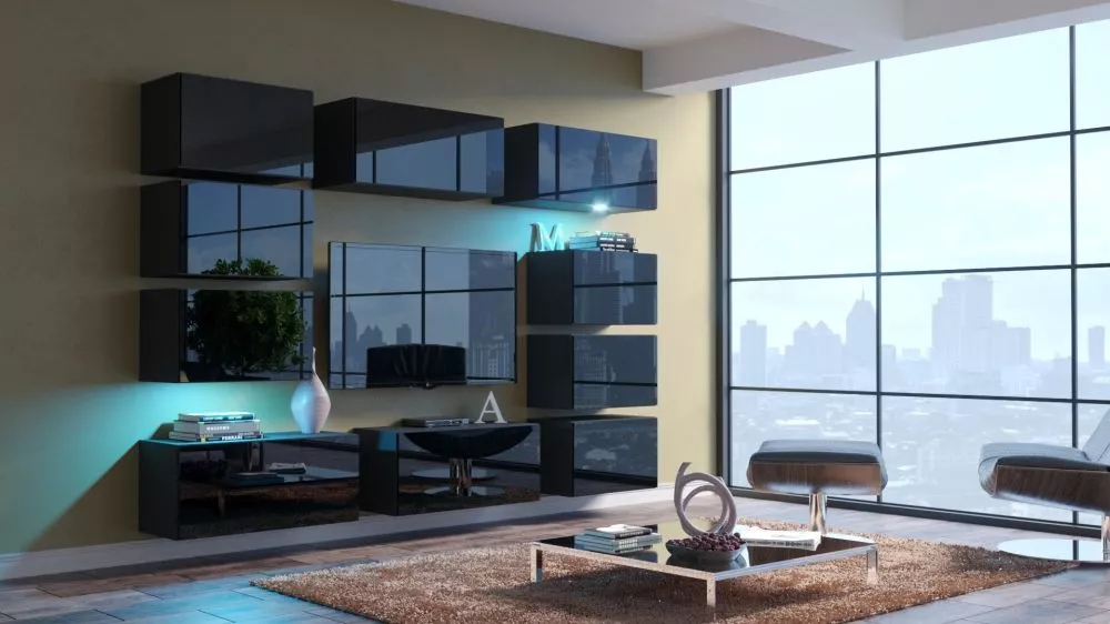 Sekcija Next 62 gloss ar LED · Melns · 256 × 35 × 208 cm
