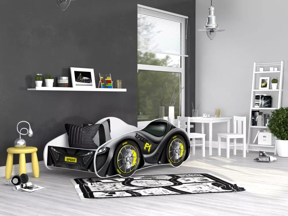 Bērnu gulta Cars 70x140 ar stelāžu Guļamvietas platums: 70 cm, Guļamvietas garums: 140 cm, · Melns · 72 × 156 × 55 cm