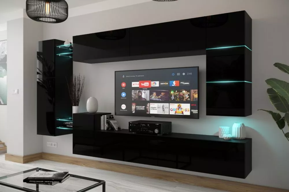 Sekcija Next AN90 gloss ar LED · Melns · 290,6 × 35 × 174 cm
