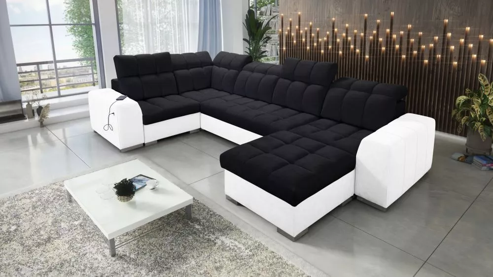 Dīvāns Pagano 4 Premium Standard · Melns + balts · 210 × 362 × 83 cm