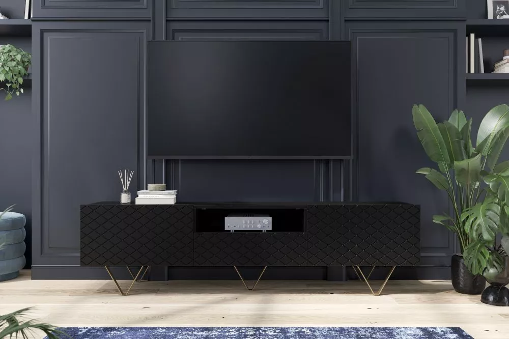 TV tumba Scalia RTV 190 2K1SZ Gold · Melna · 190 × 42 × 51 cm