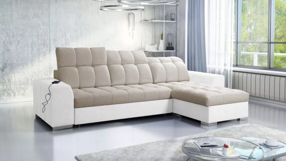 Dīvāns Pagano 1 Premium Standard · Tumši bēšs + balts · 179 × 291 × 83 cm