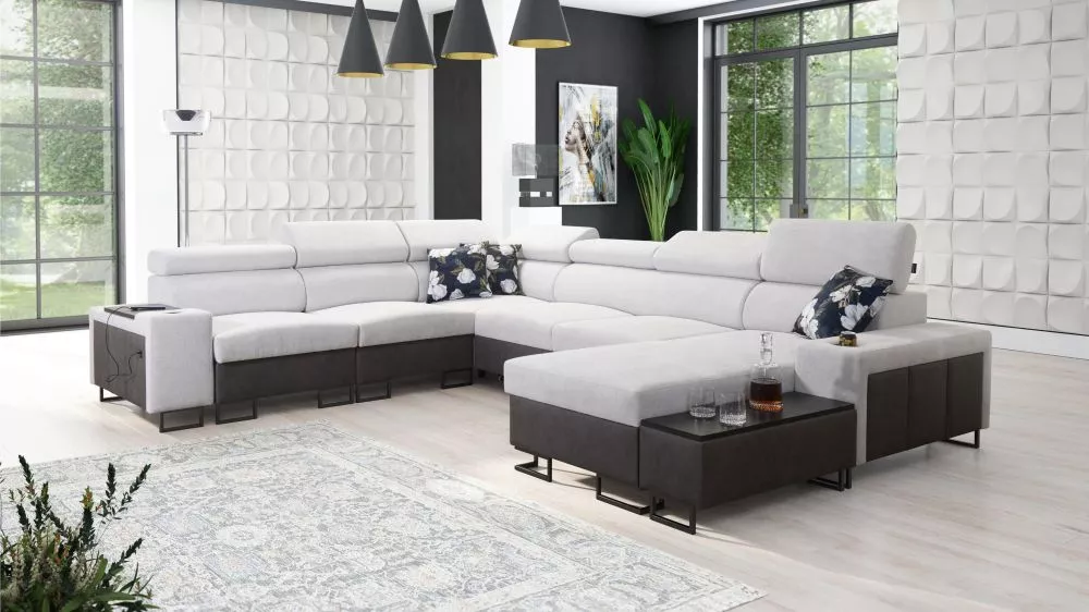 Dīvāns Melody 8 Premium Standard · Gaiši pelēks + grafīts · 280 × 358 × 84 cm