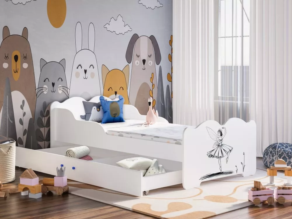 Bērnu gulta Baletnica ar stelāžu Guļamvietas platums: 90 cm, Guļamvietas garums: 180 cm, · Balts · 102 × 184 × 70 cm