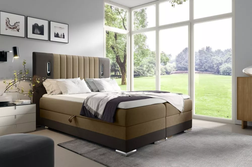 Gulta Vivien Boxspring Standard ar LED Guļamvietas platums: 160 cm, Guļamvietas garums: 200 cm, · Brūns + tumši brūns · 