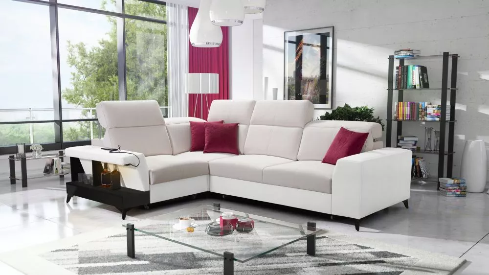 Dīvāns Belutti 2 Satin Black Standard ar LED · Krēma + balts · 212 × 288 × 84 cm