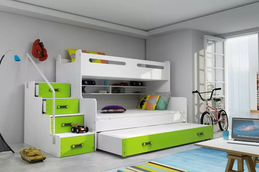 Bērnu gulta Max 3 Premium ar stelāžām Guļamvietas platums: 120 cm, Guļamvietas garums: 200 cm, · 124 × 258 × 145 cm