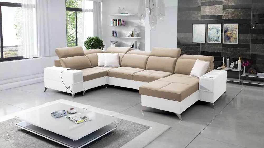 Dīvāns Deus 4 Premium Standard · Gaiši brūns + balts · 204 × 364 × 83 cm