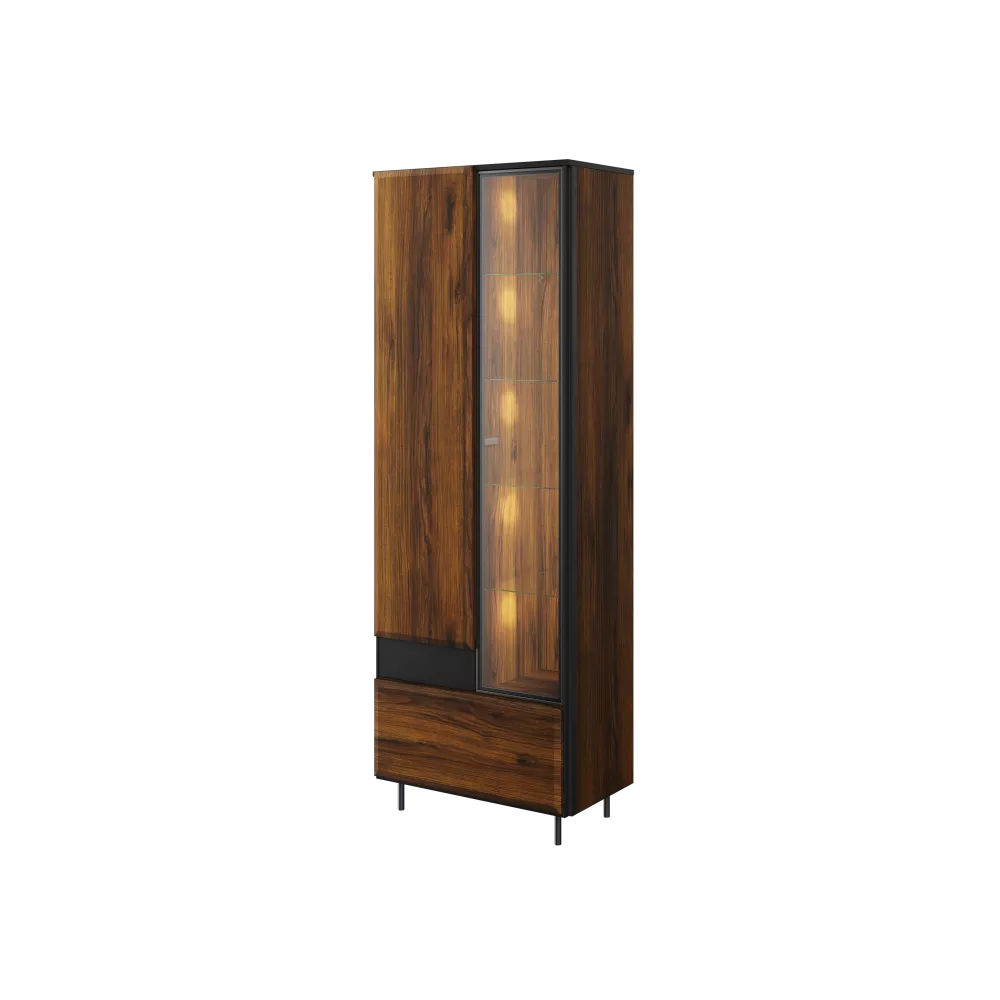 Grāmatu skapis Borga BG-02 ar LED Korpusa krāsa: katānijas ozols, Elementu krāsa: melns, · 70 × 41 × 197 cm