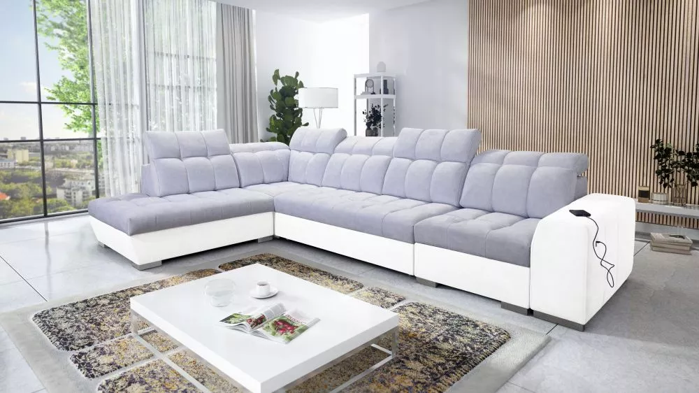 Dīvāns Pagano 11 Premium Standard · Gaiši pelēks + balts · 225 × 360 × 83 cm