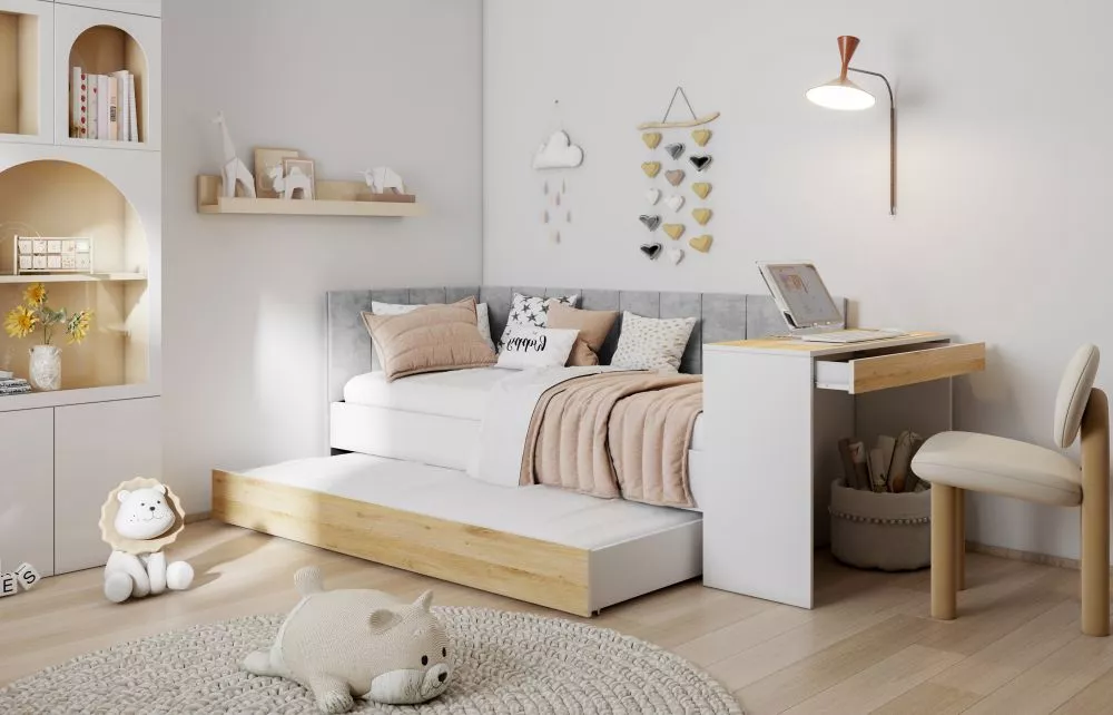 Bērnu gulta Freya ar stelāžām Guļamvietas platums: 90 cm, Guļamvietas garums: 200 cm, · 100 × 248 × 91 cm