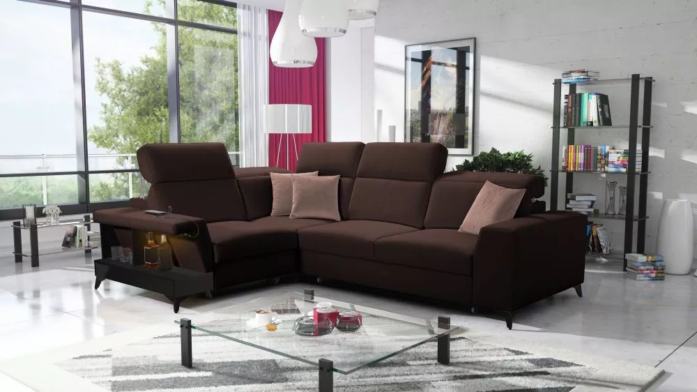 Dīvāns Belutti 2 Satin Black Standard ar LED · Tumši brūns · 212 × 288 × 84 cm