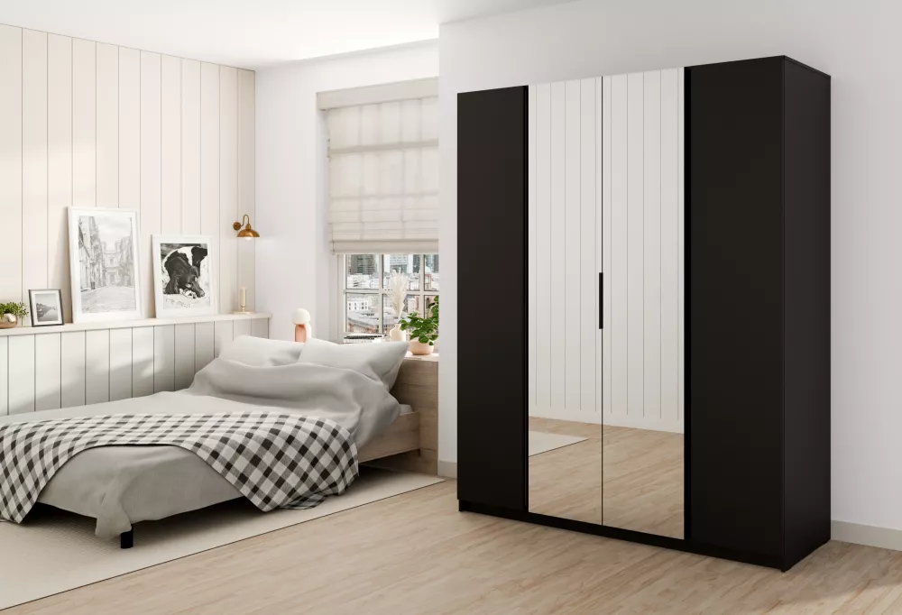 Skapis Kaja 2F2M ar LED · Melns · 200 × 62 × 239 cm