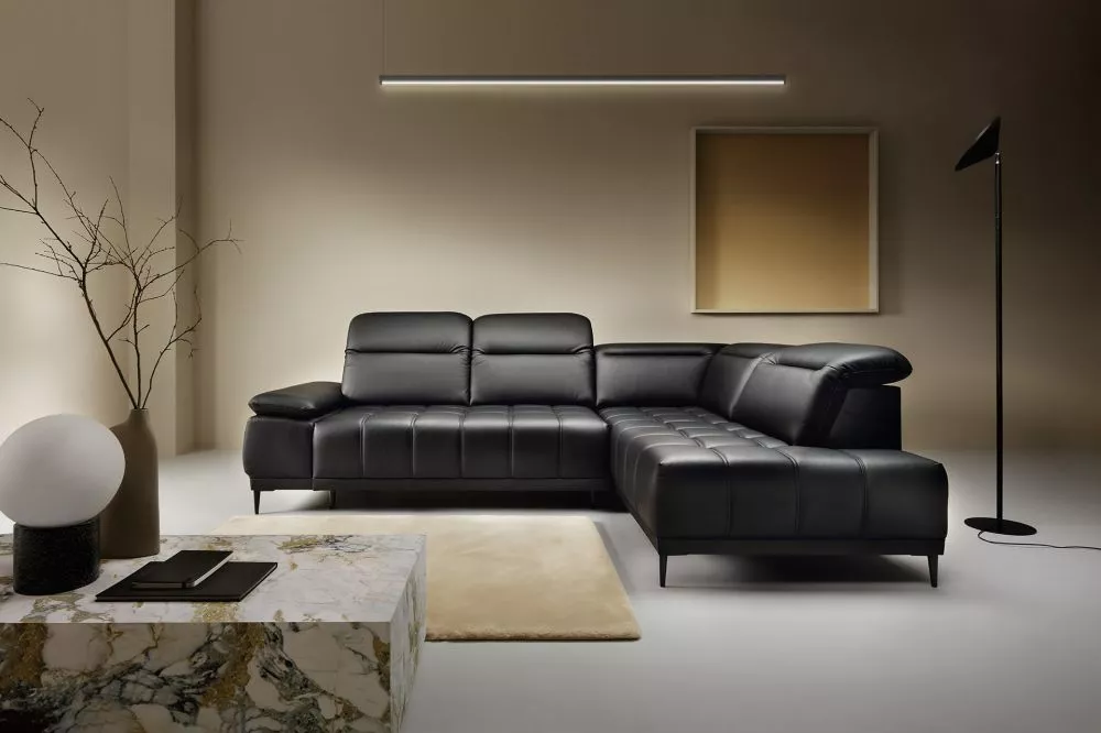 Dīvāns Focus L Leather Standard · Melns · 204 × 278 × 82 cm