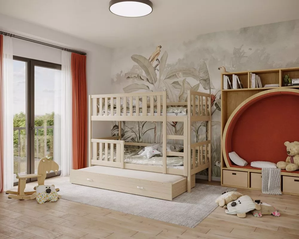 Bērnu gulta Nemo 3 80x190 ar stelāžām Guļamvietas platums: 80 cm, Guļamvietas garums: 190 cm, · Priede · 86 × 198 × 158 