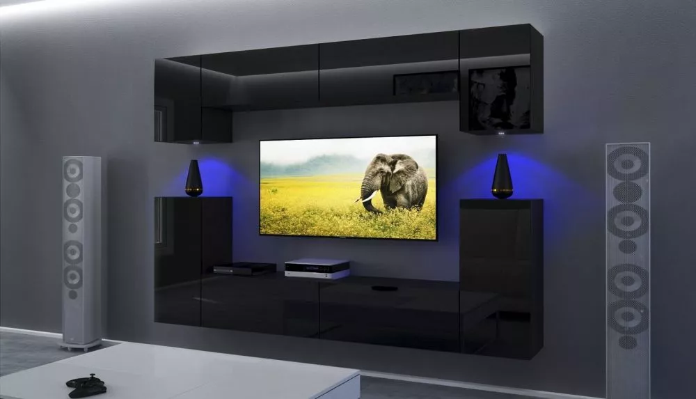 Sekcija Next 43 ar LED · Melns · 256 × 35 × 186 cm