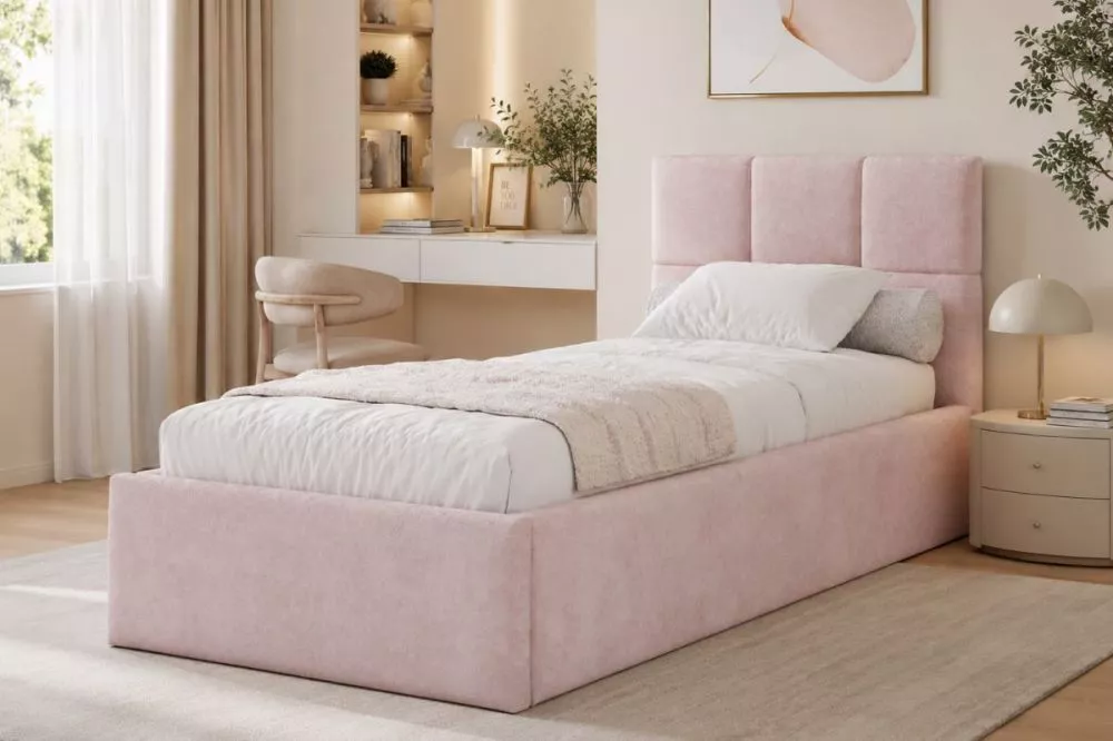 Gulta Azuro S07 Standard ar stelāžu Guļamvietas platums: 90 cm, Guļamvietas garums: 200 cm, · Rozā · 104 × 214 × 101 cm