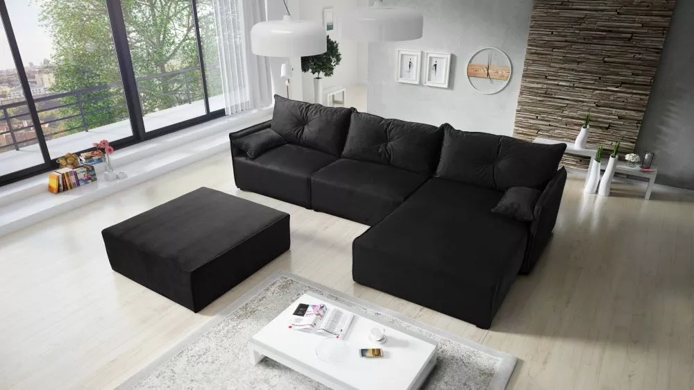 Dīvāns Leon 2 Standard ar pufu · Melns · 179 × 318 × 85 cm
