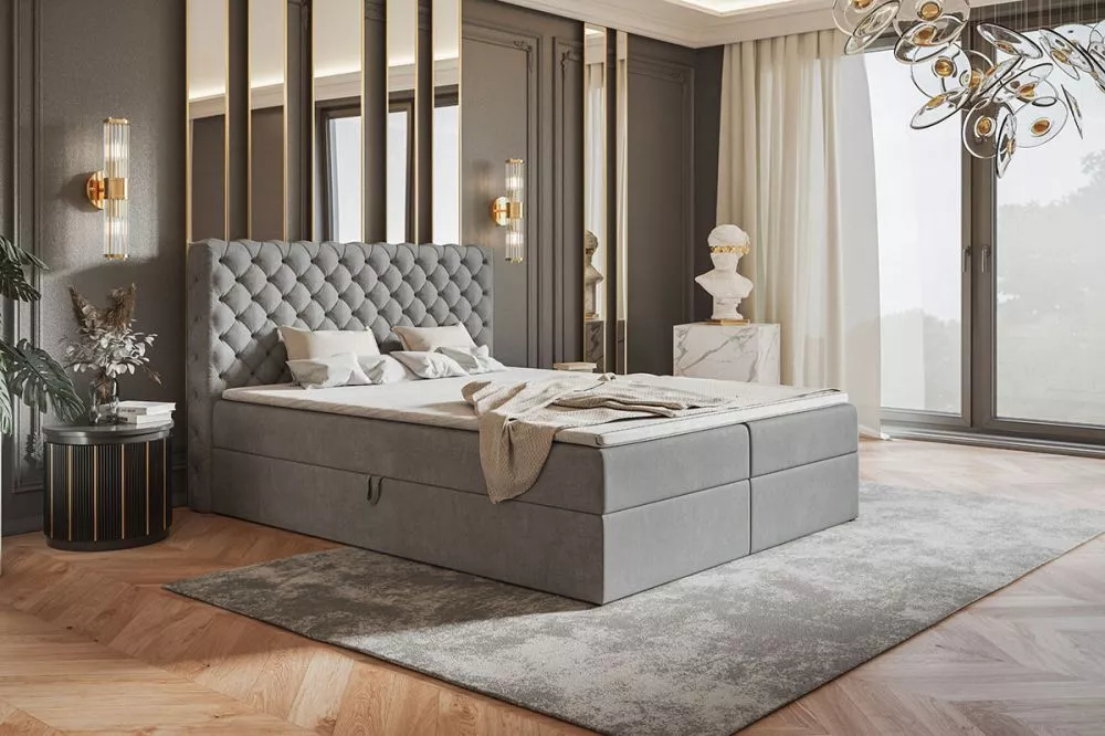 Gulta Box 8 Boxspring standard Guļamvietas platums: 140 cm, Guļamvietas garums: 200 cm, · Pelēks · 146 × 214 × 115 cm