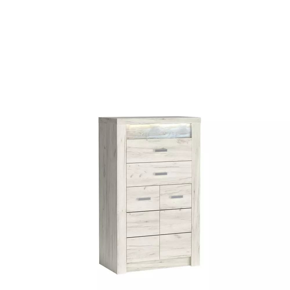 Kumode Indianapolis I6 ar LED · Ozols craft balts · 76 × 42 × 127 cm