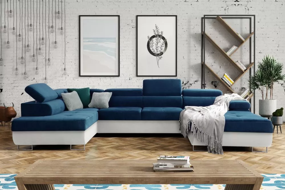Dīvāns Annabelle U 2 Eco Standard · Tumši zils + balts · 201 × 343 × 76 cm