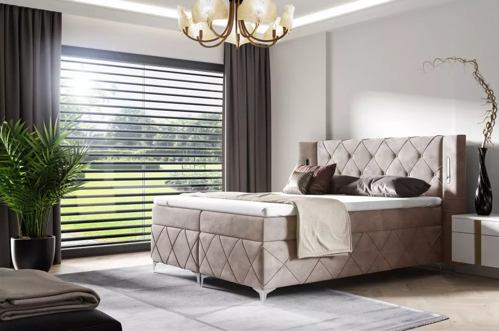 Gulta Focus Boxspring Standard ar LED Guļamvietas platums: 160 cm, Guļamvietas garums: 200 cm, · Gaiši brūns · 208 × 212