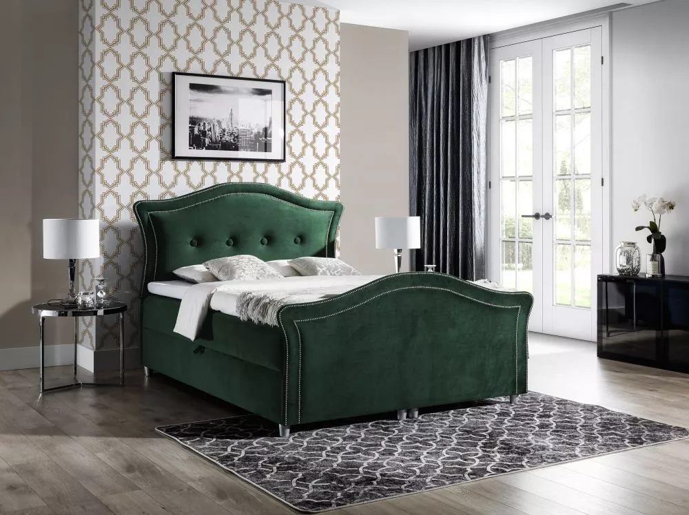 Gulta Bedran Lux Boxspring Standard Guļamvietas platums: 200 cm, Guļamvietas garums: 200 cm, · Tumši zaļš · 210 × 214 × 