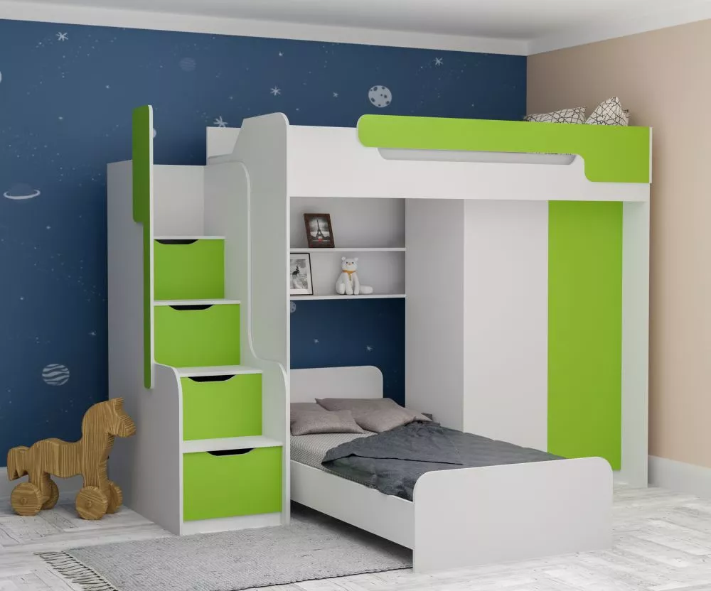 Bērnu gulta Dorian 2 90x200 ar stelāžām Guļamvietas platums: 90 cm, Guļamvietas garums: 200 cm, · 205 × 260 × 187 cm