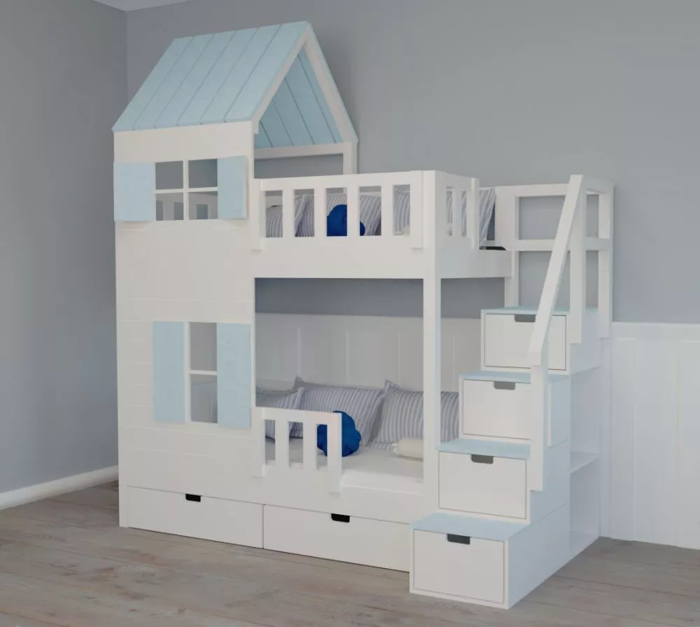 Bērnu gulta 103P ar stelāžām Kāpņu puse: Pa labi, Guļamvietas platums: 90 cm, Guļamvietas garums: 200 cm, · 118 × 252 × 