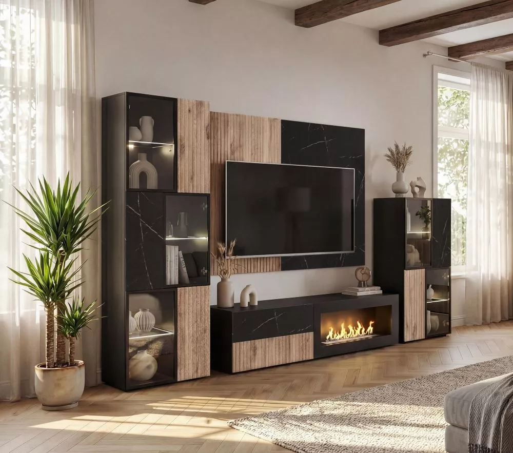 Sekcija Cannes R2K ar LED Korpusa krāsa: melns + melns marmors, · 280 × 45 × 182 cm