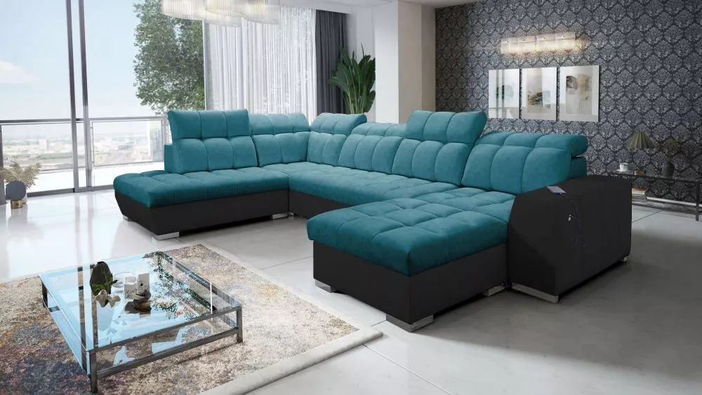 Dīvāns Pagano 6 Premium Standard · Tirkīzs + melns · 225 × 364 × 83 cm