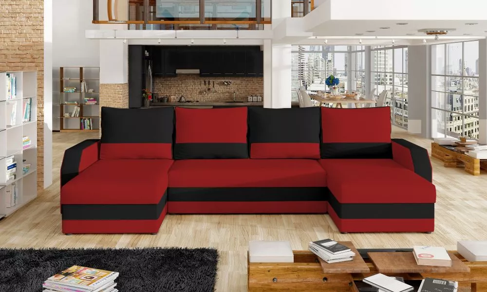 Dīvāns Marion standard · Sarkans + melns · 146 × 307 × 85 cm