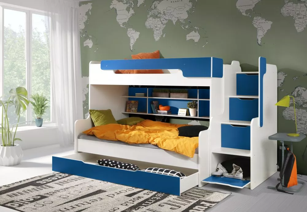 Bērnu gulta Harry Premium ar stelāžām Guļamvietas platums: 90 cm, Guļamvietas garums: 200 cm, · 129 × 260 × 155 cm
