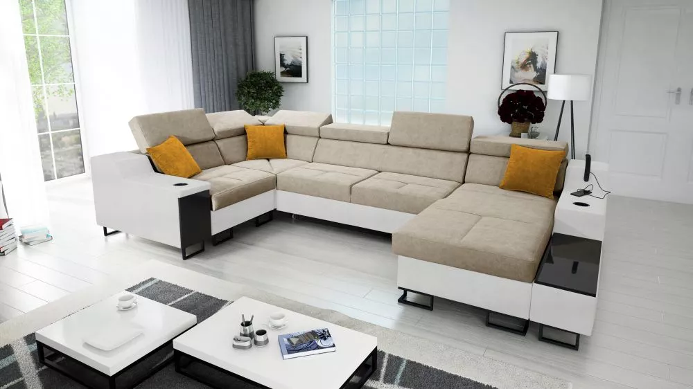 Dīvāns Alicante 4 Mini Whisper Eco Standard · Bēšs + balts · 211 × 342 × 81 cm