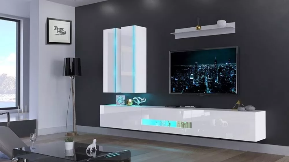 Sekcija Next 55 gloss ar LED · Balts · 273 × 35 × 200 cm