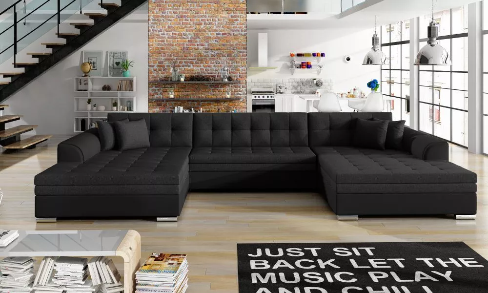 Dīvāns Vento Lux standard · Melns + melns · 165 × 365 × 80 cm